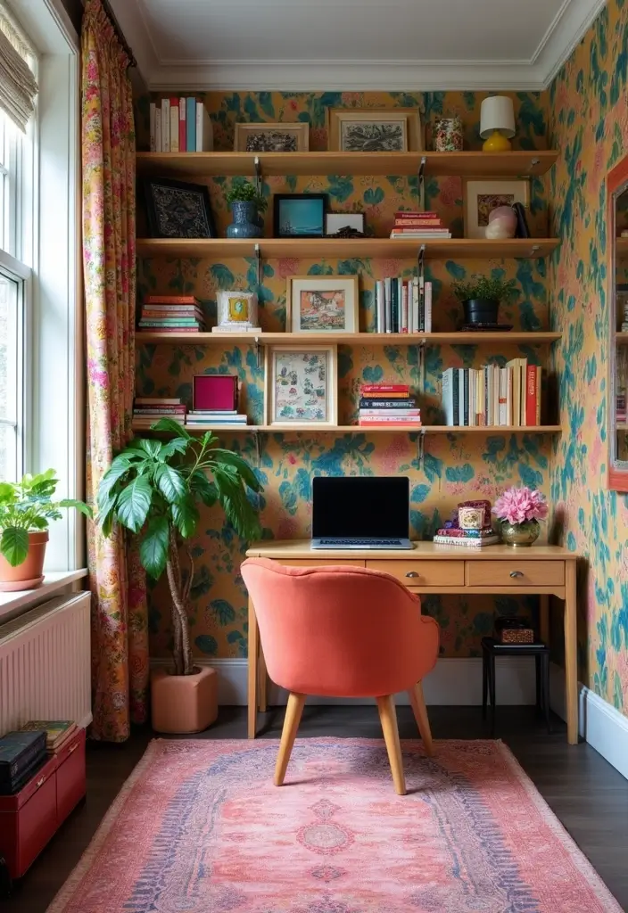 12 Clever Closet Office Ideas That Save Space - 8. Colorful and Fun Wallpaper