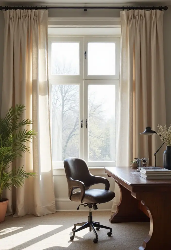 12 Office Curtain Ideas That Add Privacy & Style - 2. Linen Drapes