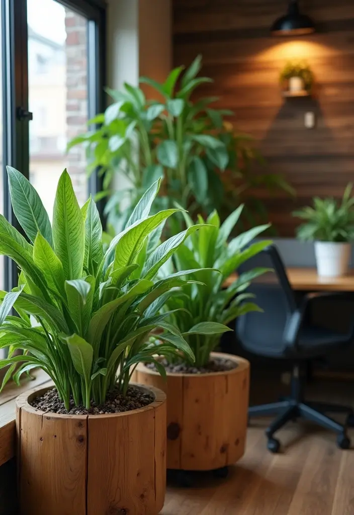 15 Inspiring Offices with Plants That Feel Refreshing - 12. Rustic Charm with Wooden Planters