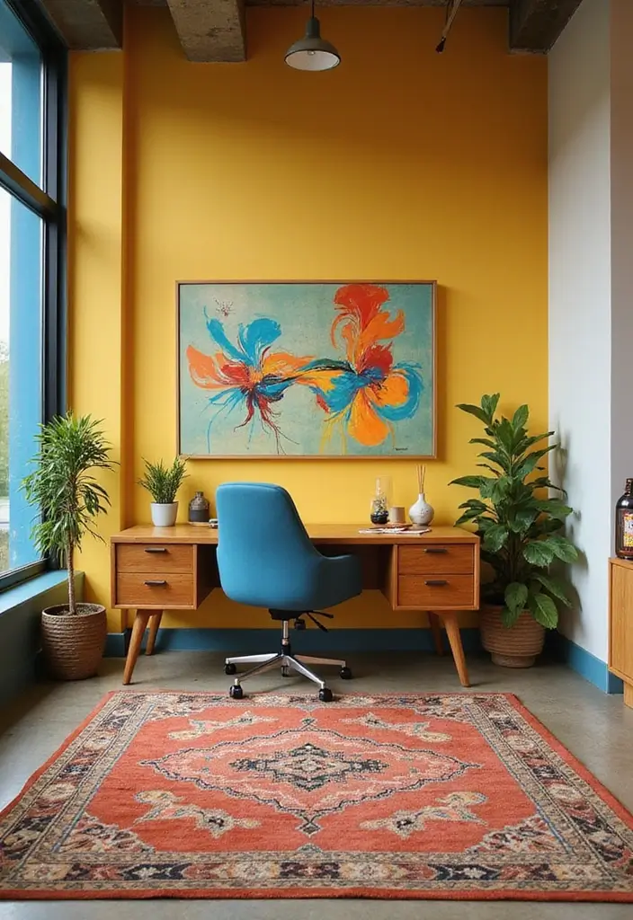 15 Mid-Century Modern Home Office Ideas That Pop - 1. Retro Color Splash
