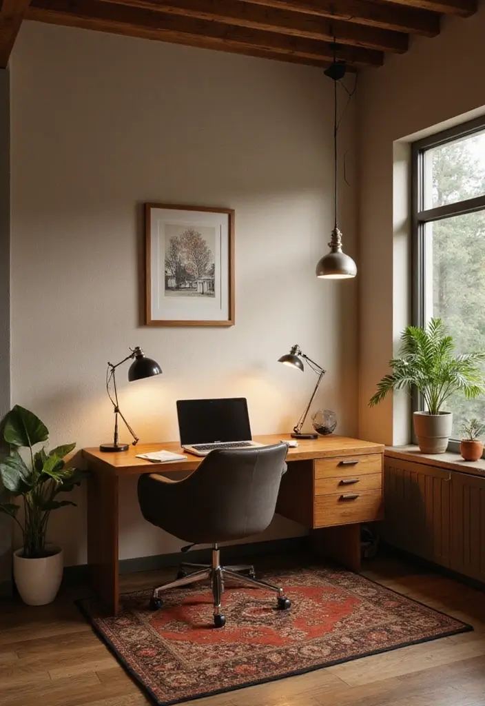 15 Mid-Century Modern Home Office Ideas That Pop - 11. Statement Lighting