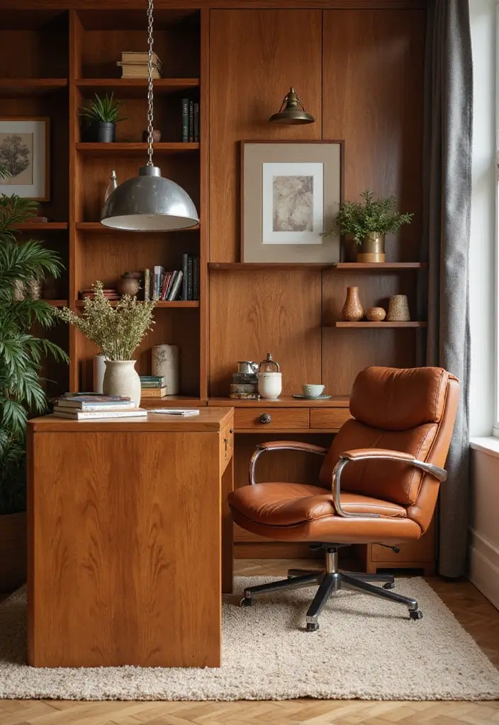 15 Mid-Century Modern Home Office Ideas That Pop - 7. Warm Wood Elements