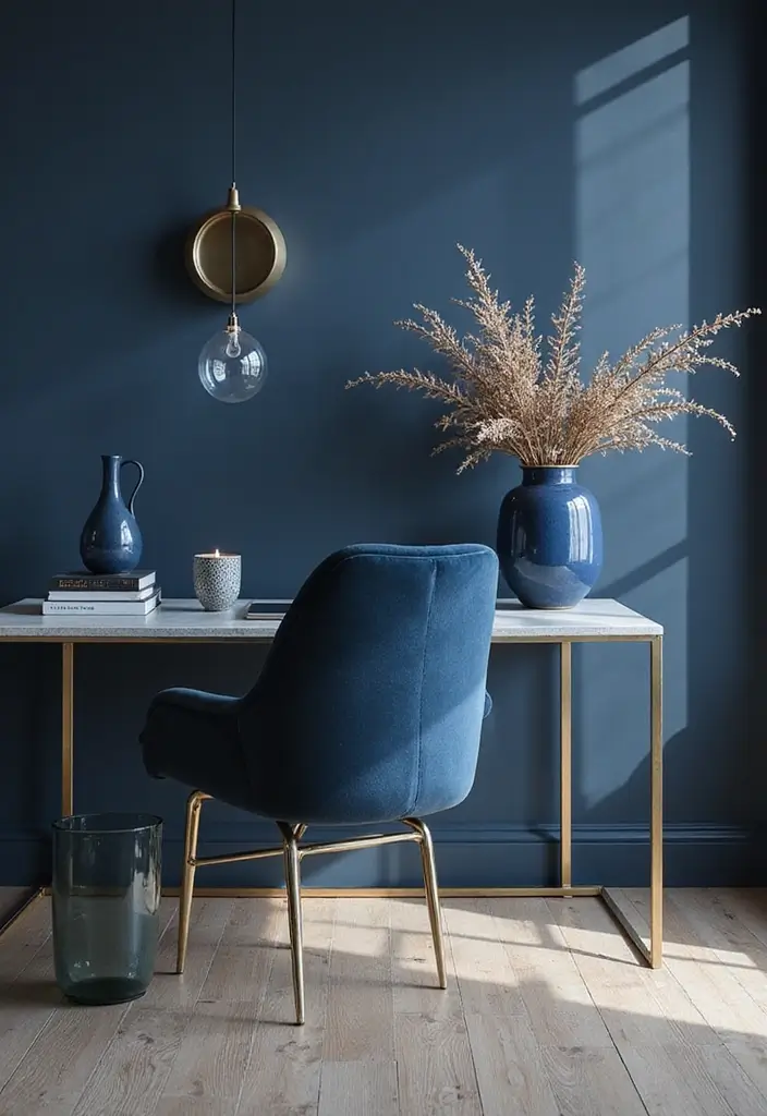 18 Dark Blue Office Ideas That Feel Sophisticated - 18. Deep Blue Decorative Accents