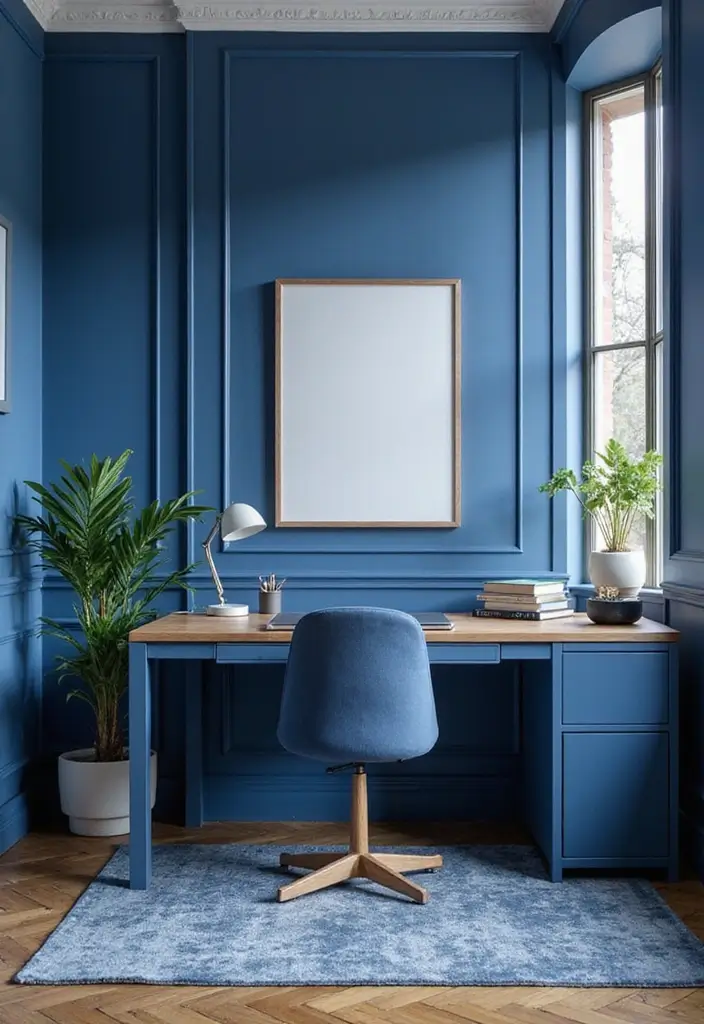 18 Dark Blue Office Ideas That Feel Sophisticated - 2. Elegant Blue Office Furniture