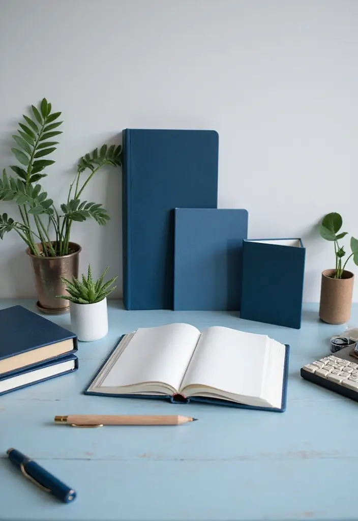 18 Dark Blue Office Ideas That Feel Sophisticated - 3. Deep Blue Office Accessories