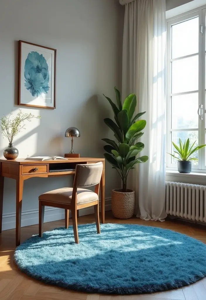 18 Dark Blue Office Ideas That Feel Sophisticated - 6. Blue Area Rugs for Comfort