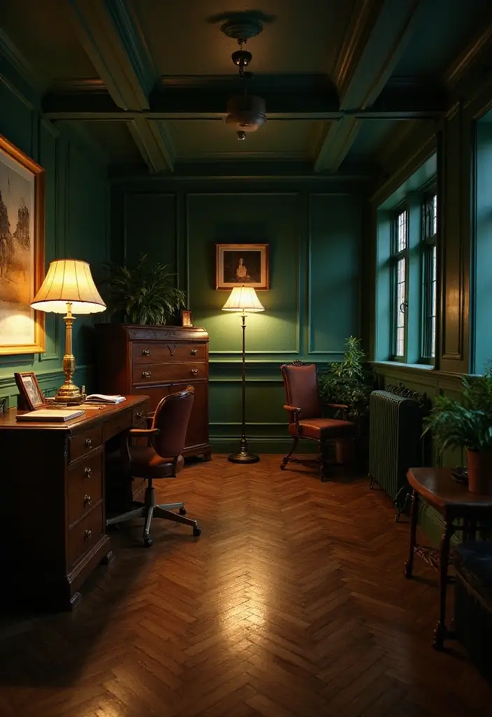 18 Dark Green Office Designs That Look Luxurious - 11. Smart Lighting