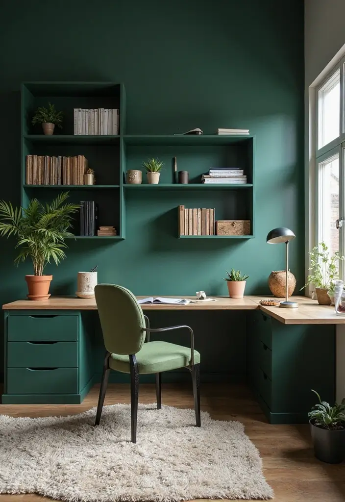 18 Dark Green Office Designs That Look Luxurious - 12. Functional Decor