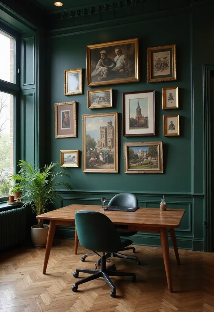 18 Dark Green Office Designs That Look Luxurious - 13. Artful Displays