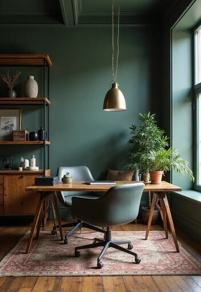18 Dark Green Office Designs That Look Luxurious - 15. Rugged Meets Refined