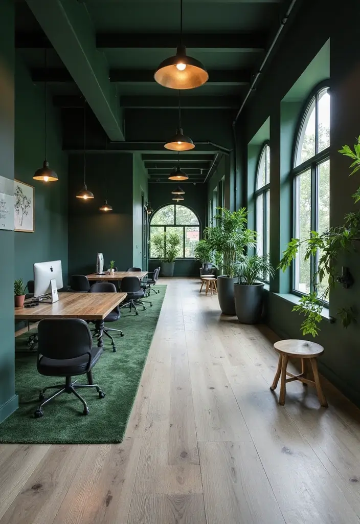 18 Dark Green Office Designs That Look Luxurious - 16. Open Concept