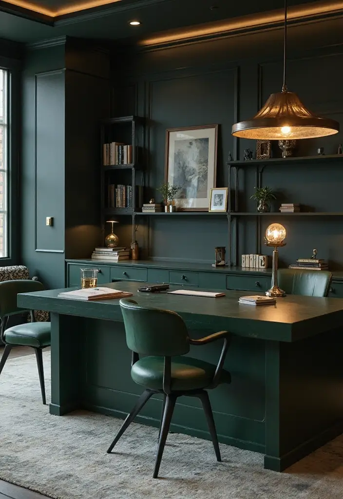 18 Dark Green Office Designs That Look Luxurious - 3. Luxe Leather