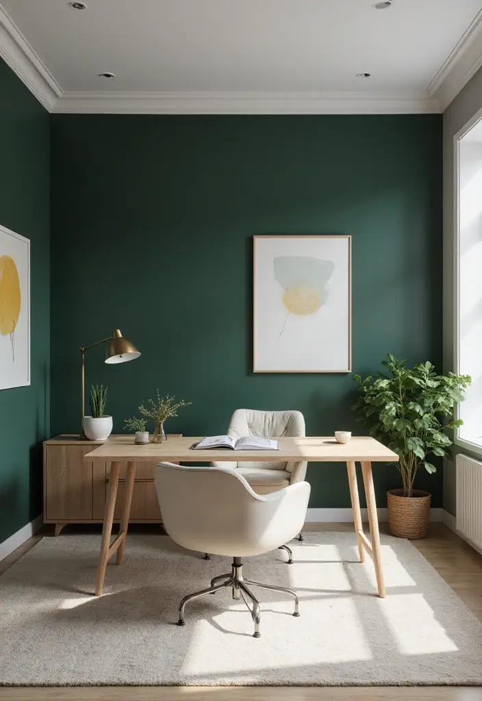 18 Dark Green Office Designs That Look Luxurious - 4. Statement Walls