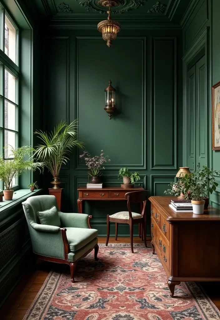 18 Dark Green Office Designs That Look Luxurious - 5. Vintage Vibes