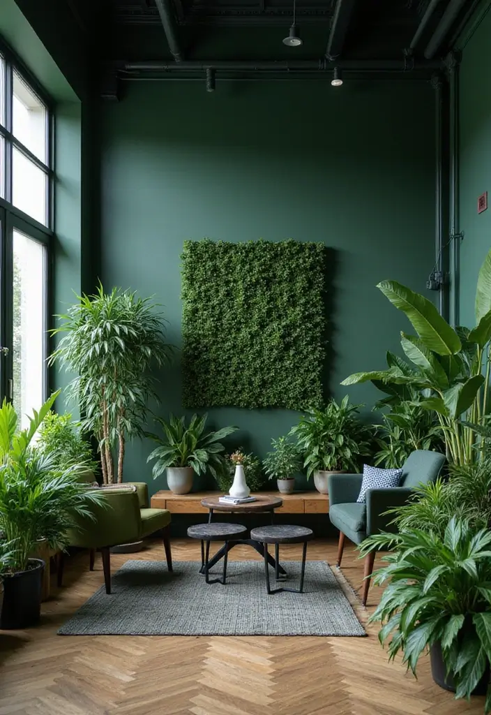 18 Dark Green Office Designs That Look Luxurious - 6. Greenery Galore