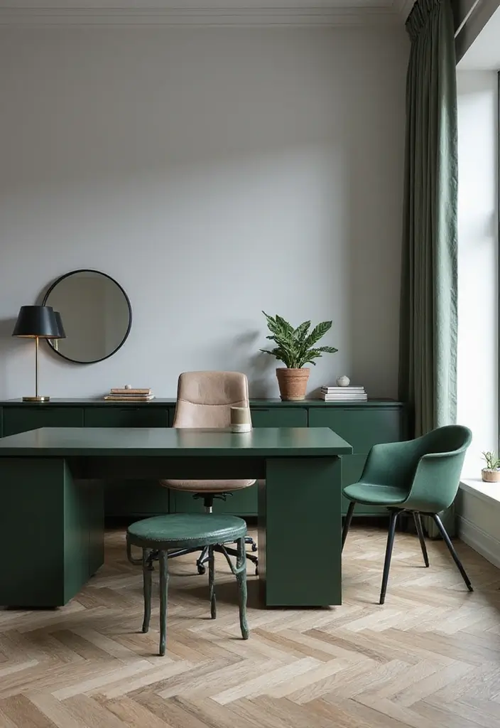 18 Dark Green Office Designs That Look Luxurious - 7. Minimalist Charm
