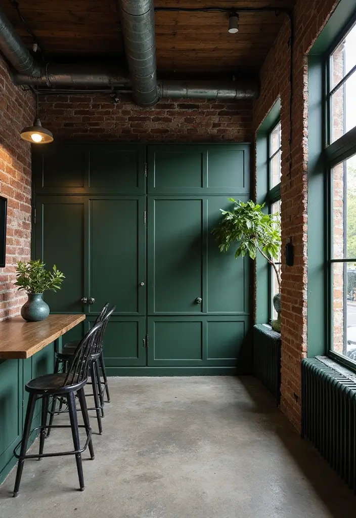 18 Dark Green Office Designs That Look Luxurious - 8. Industrial Fusion