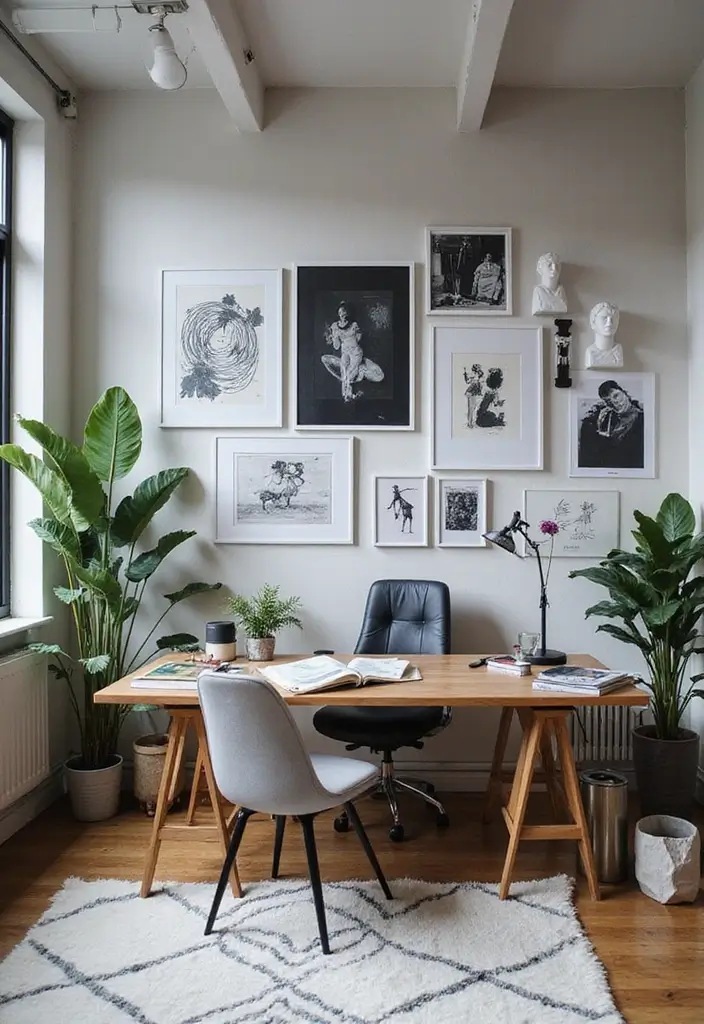 20 Black & White Home Office Designs That Always Work - 11. Artistic Workspace Elements