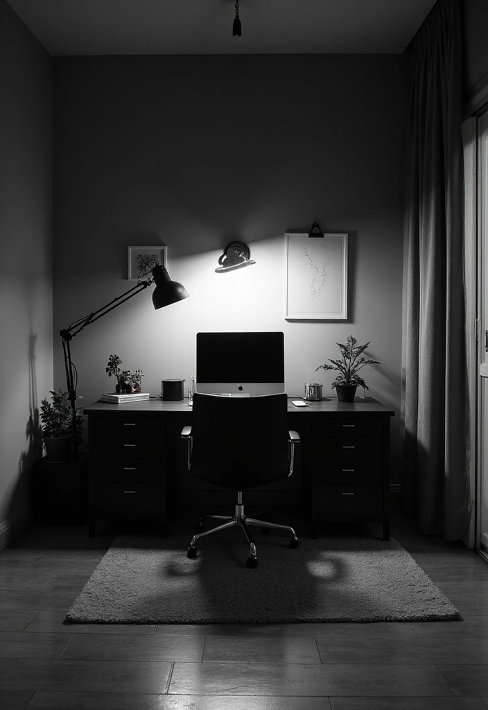 20 Black & White Home Office Designs That Always Work - 15. Bold Lighting Choices