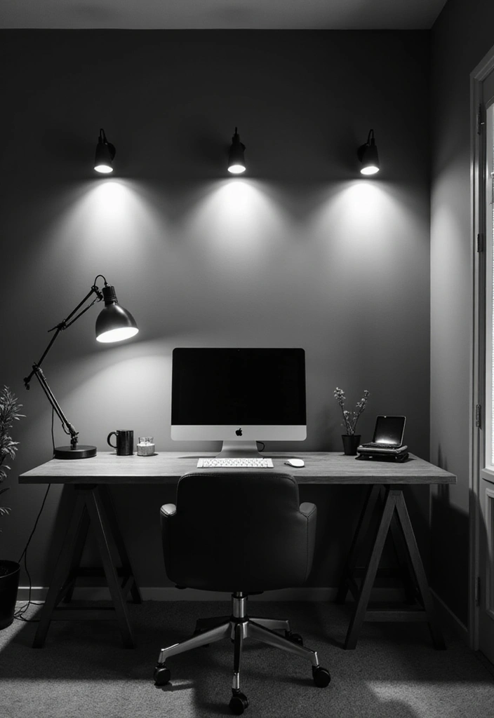 20 Black & White Home Office Designs That Always Work - 20. Layered Lighting Effects