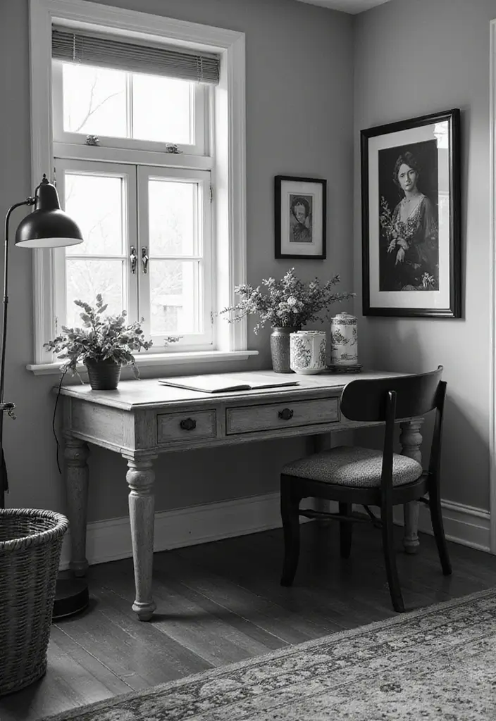 20 Black & White Home Office Designs That Always Work - 4. Vintage Charm with a Twist
