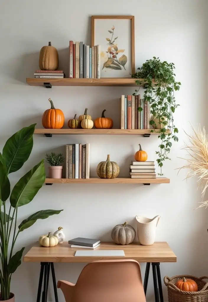 20 Fall Office Decor Ideas for a Cozy Vibe - 11. Wall-Mounted Shelves