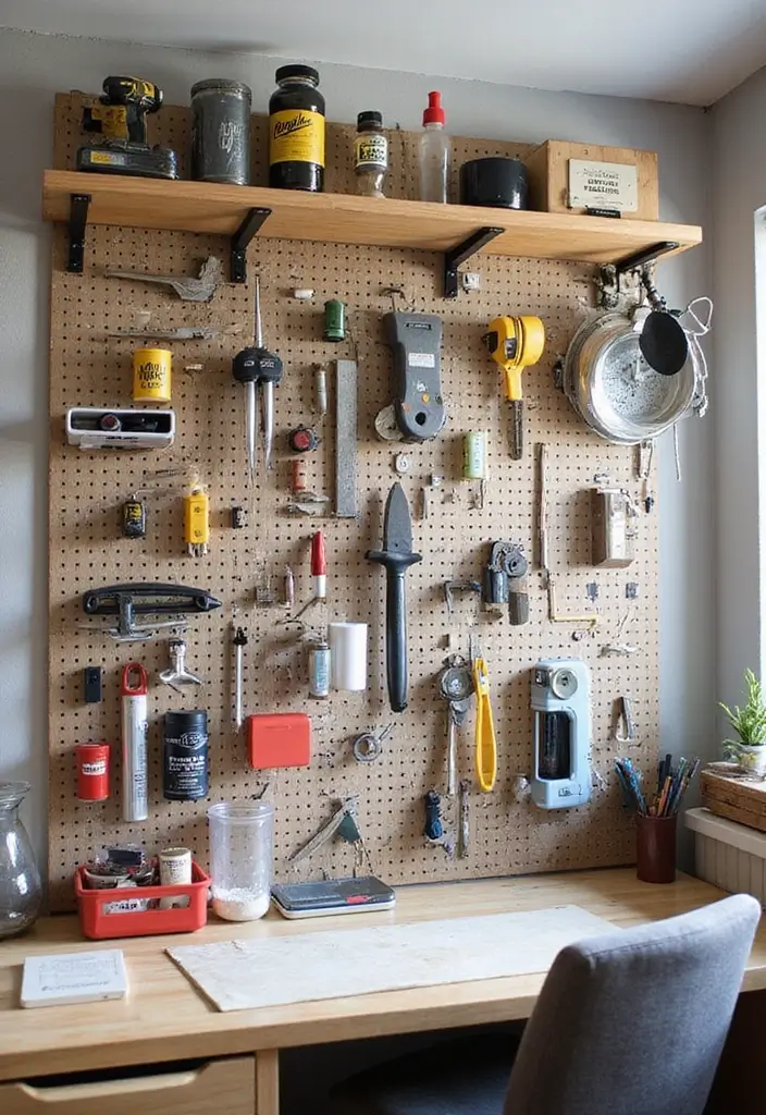 21 Home Office Layout Ideas That Maximize Space - 11. Pegboard Wall for Tools
