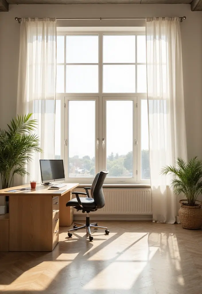 22 Office Decoration Ideas That Feel Fresh & Stylish - 3. Natural Light Optimization