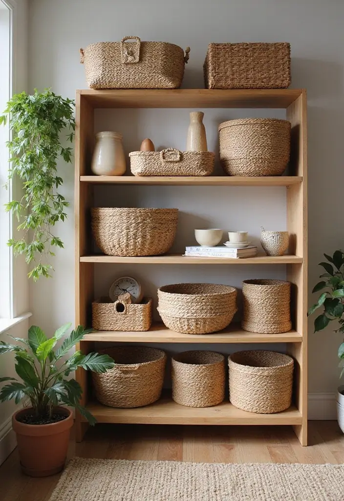 22 Office Shelving Ideas That Mix Storage & Style - 9. Baskets on Shelves