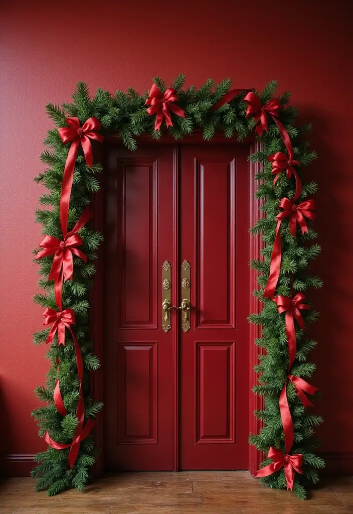 25 Creative Office Door Christmas Decoration Ideas for Remote Workspaces - 12. Cozy Ribbon Accents