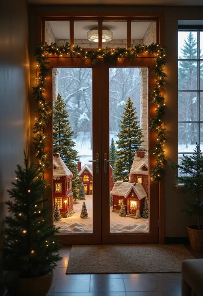 25 Creative Office Door Christmas Decoration Ideas for Remote Workspaces - 15. Miniature Christmas Village