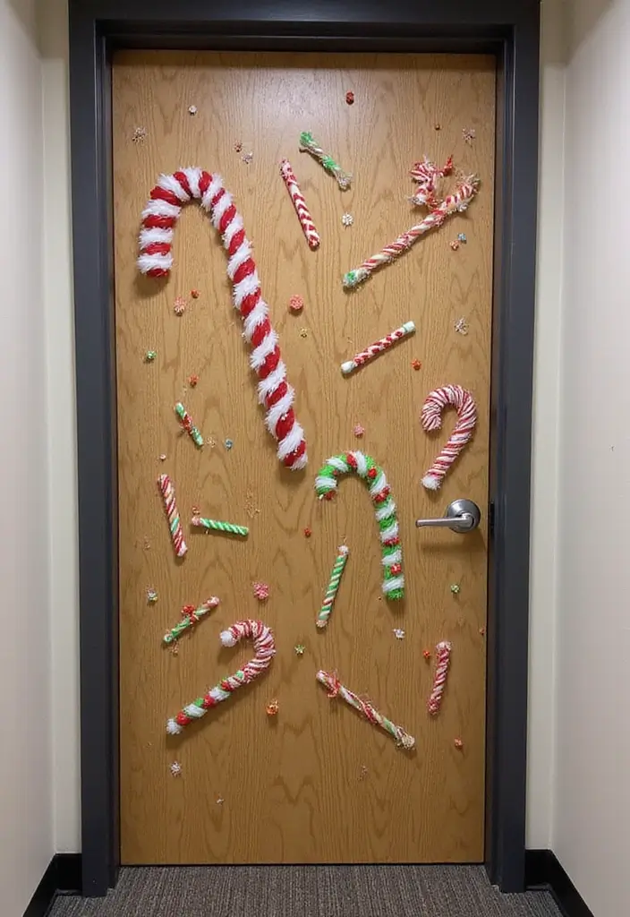 25 Creative Office Door Christmas Decoration Ideas for Remote Workspaces - 20. Candy Cane Accents