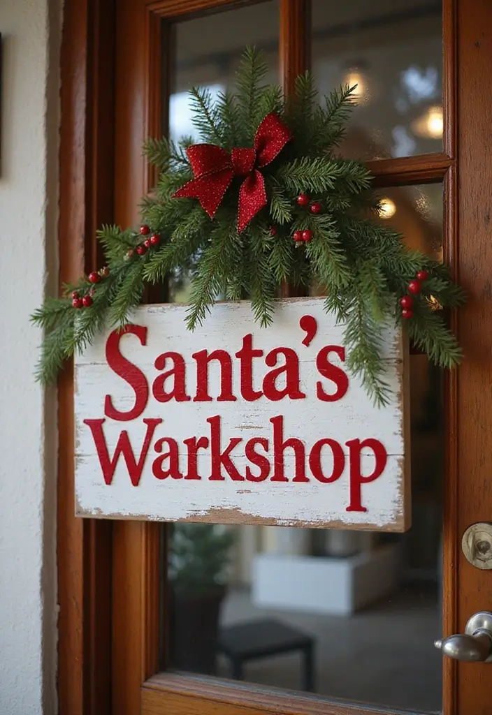 25 Creative Office Door Christmas Decoration Ideas for Remote Workspaces - 4. Santa's Workshop Sign