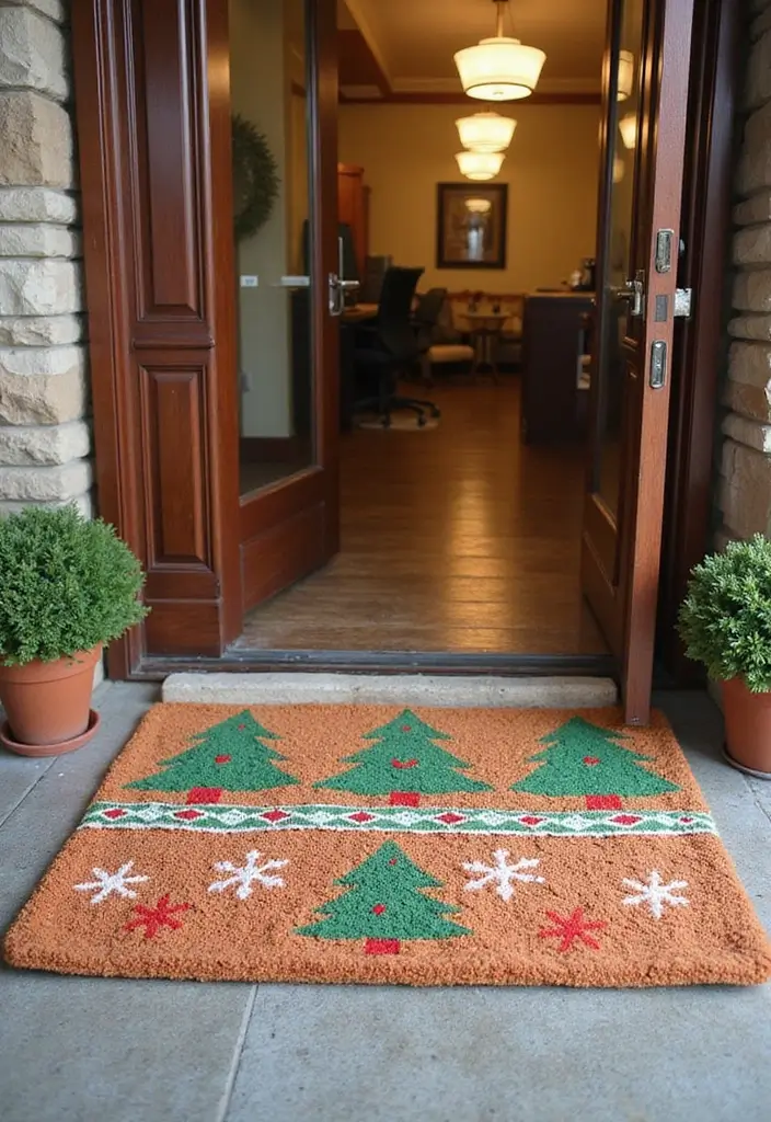 25 Creative Office Door Christmas Decoration Ideas for Remote Workspaces - 5. Holiday-Themed Door Mats