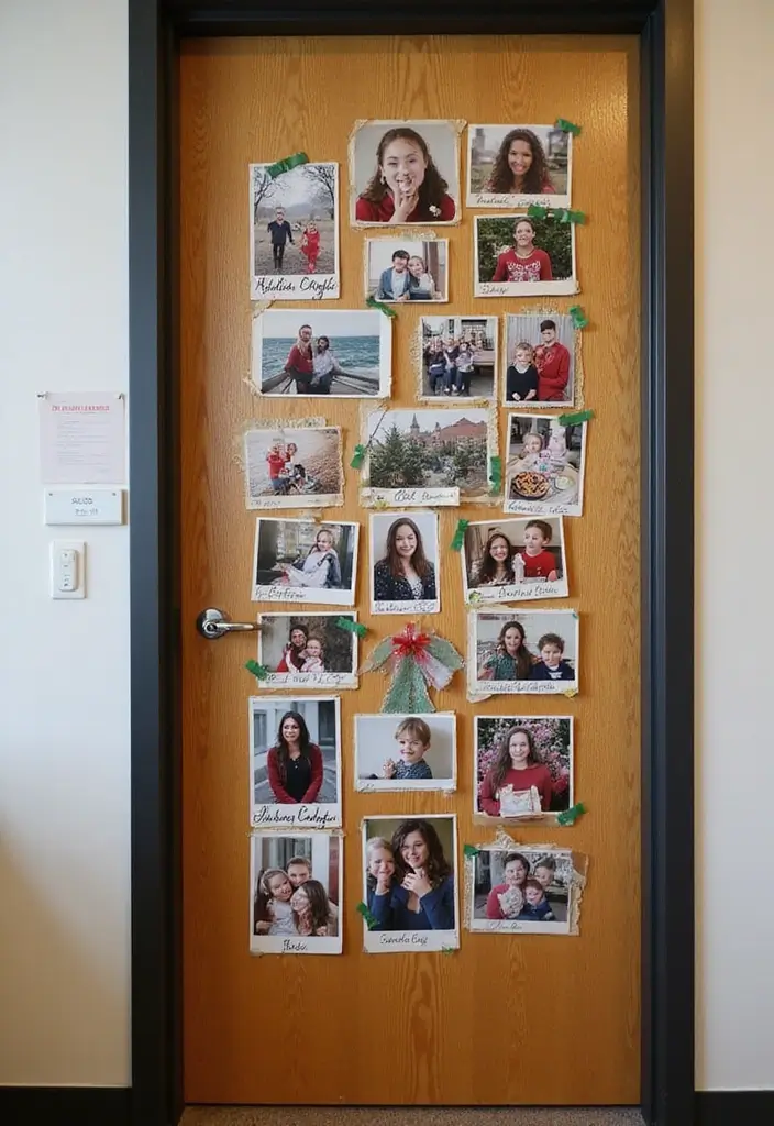 25 Creative Office Door Christmas Decoration Ideas for Remote Workspaces - 7. Holiday Photo Collage