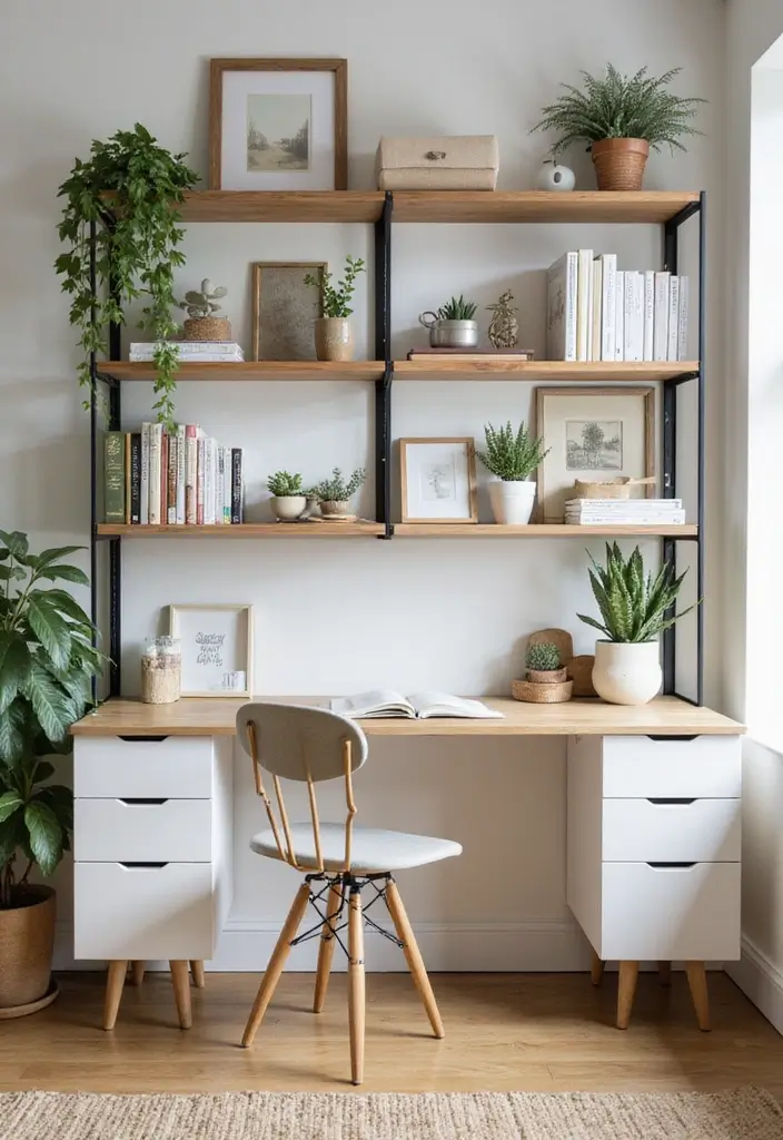 25 Home Office Desk Ideas That Look Stylish & Smart - 15. Open Shelving Solutions