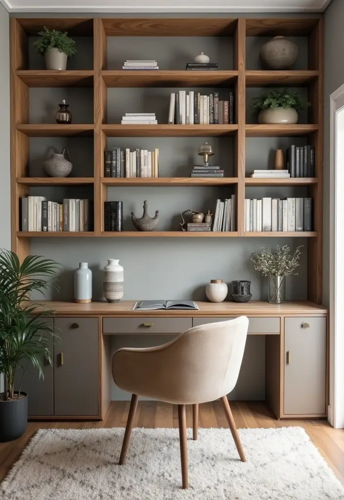 30+ Modern Home Office Designs That Wow - 16. Open Shelving Displays