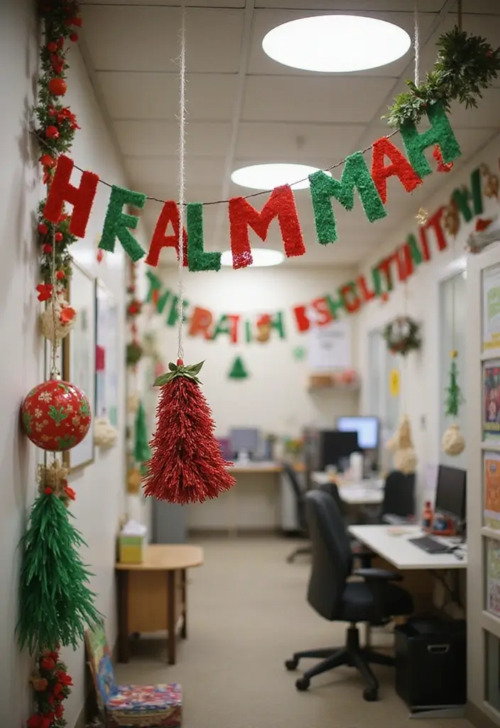 30+ Office Christmas Decorations That Spark Holiday Cheer - 13. Festive Holiday Banners
