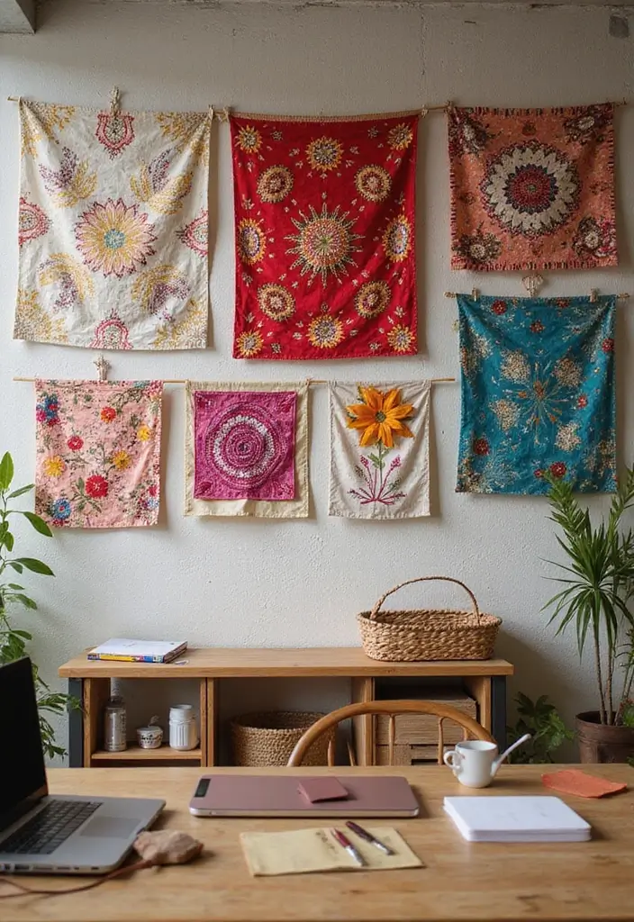 30+ Office Wall Decor Ideas That Inspire Creativity - 11. Colorful Fabric Wall Hangings