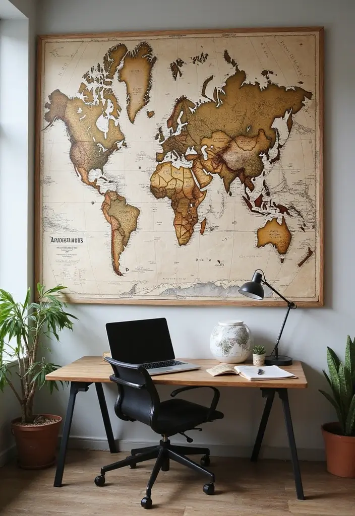 30+ Office Wall Decor Ideas That Inspire Creativity - 8. Vintage Map Decor