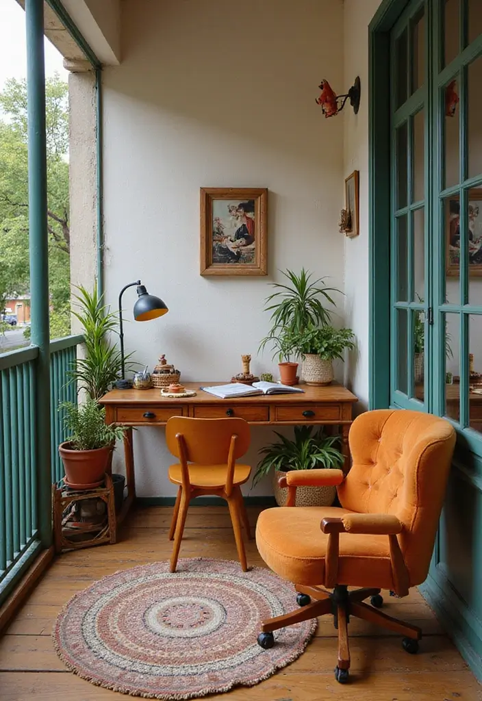 30 Balcony Office Setups for Tiny Apartments (Yes, It’s Possible) - 15. Vintage Vibes