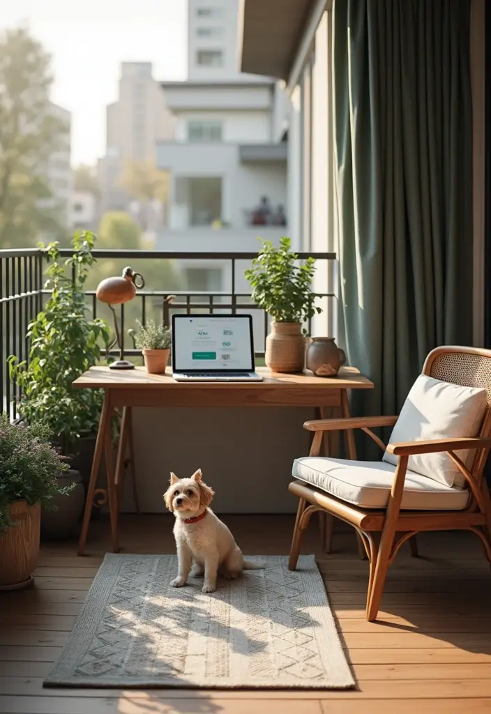 30 Balcony Office Setups for Tiny Apartments (Yes, It’s Possible) - 19. Pet-Friendly Space