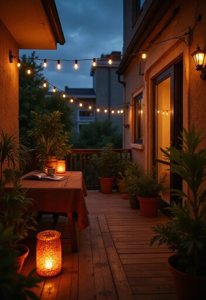 30 Balcony Office Setups for Tiny Apartments (Yes, It’s Possible) - 26. Mood Lighting