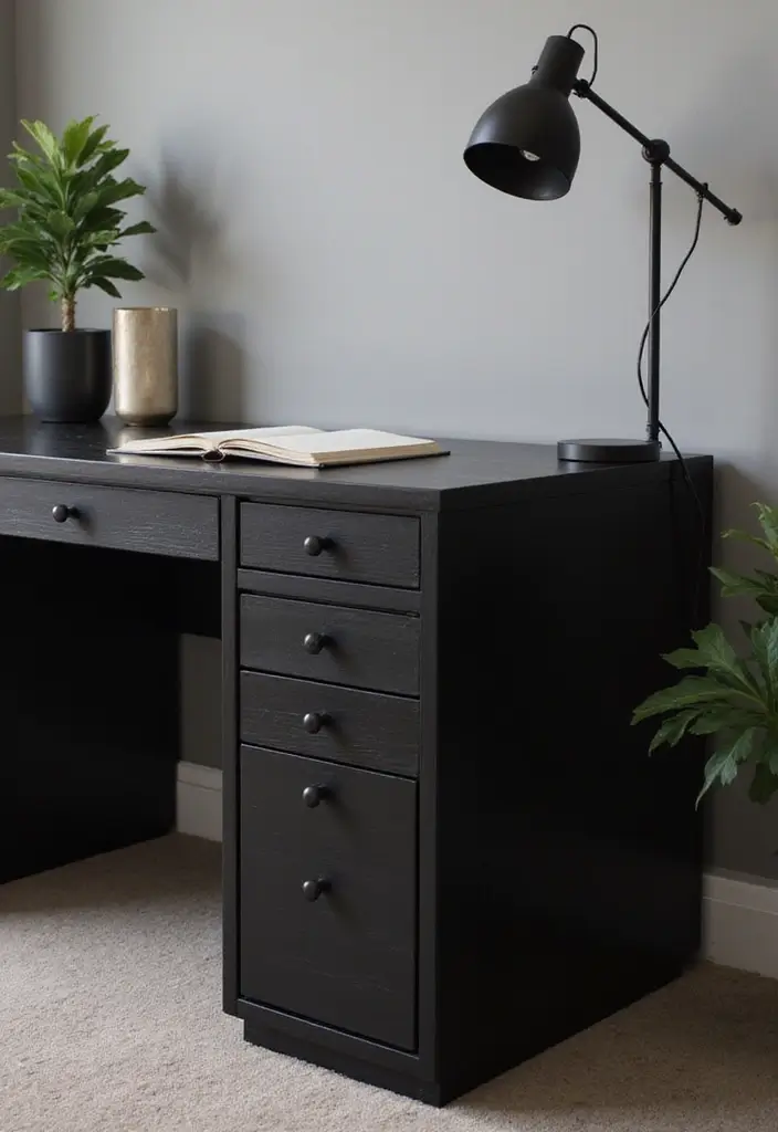 30 Black and Wood Office Ideas That Look Sleek and Masculine - 1. Bold Black Desk