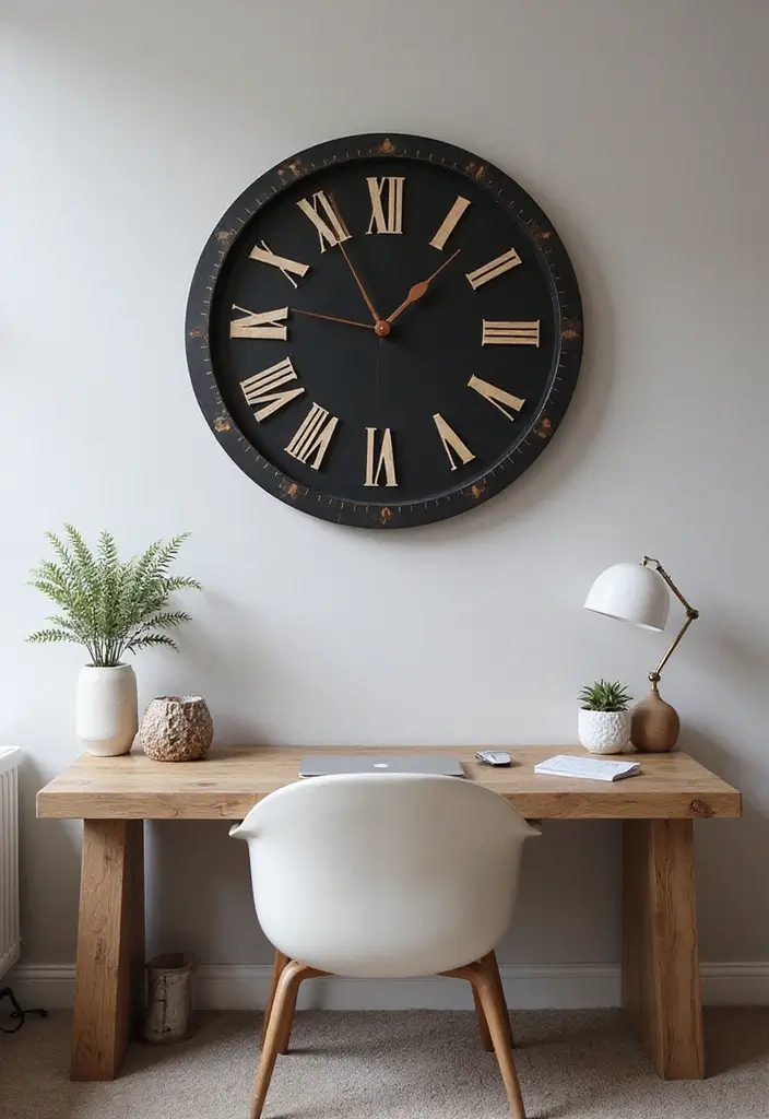30 Black and Wood Office Ideas That Look Sleek and Masculine - 19. Statement Wall Clock