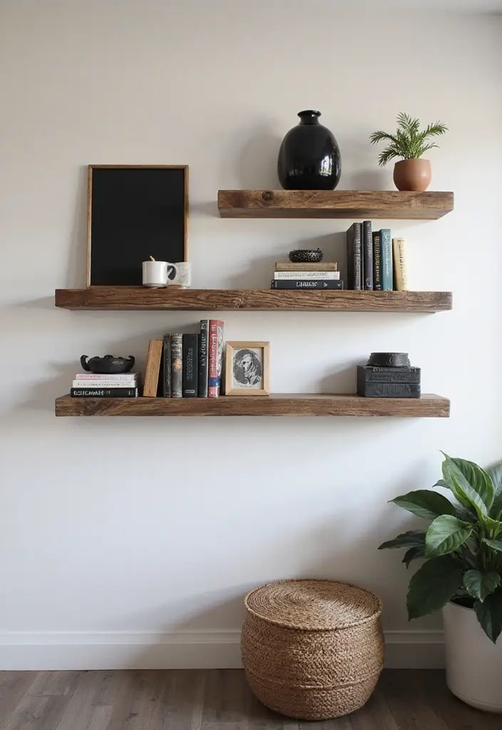 30 Black and Wood Office Ideas That Look Sleek and Masculine - 2. Rustic Wood Shelves
