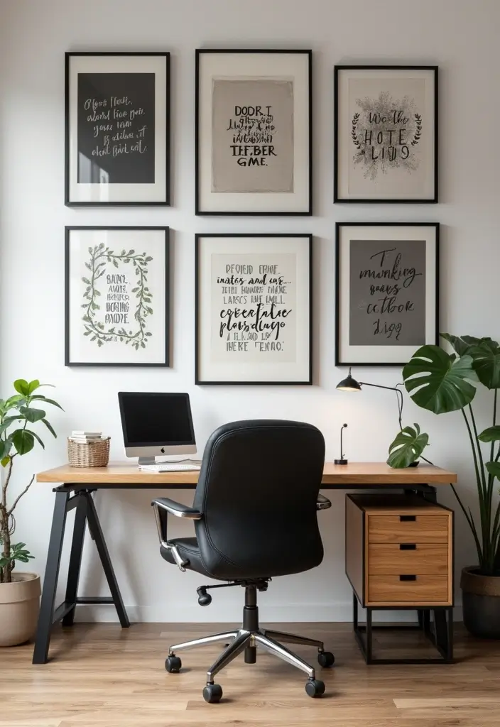 30 Black and Wood Office Ideas That Look Sleek and Masculine - 23. Creative Wall Art