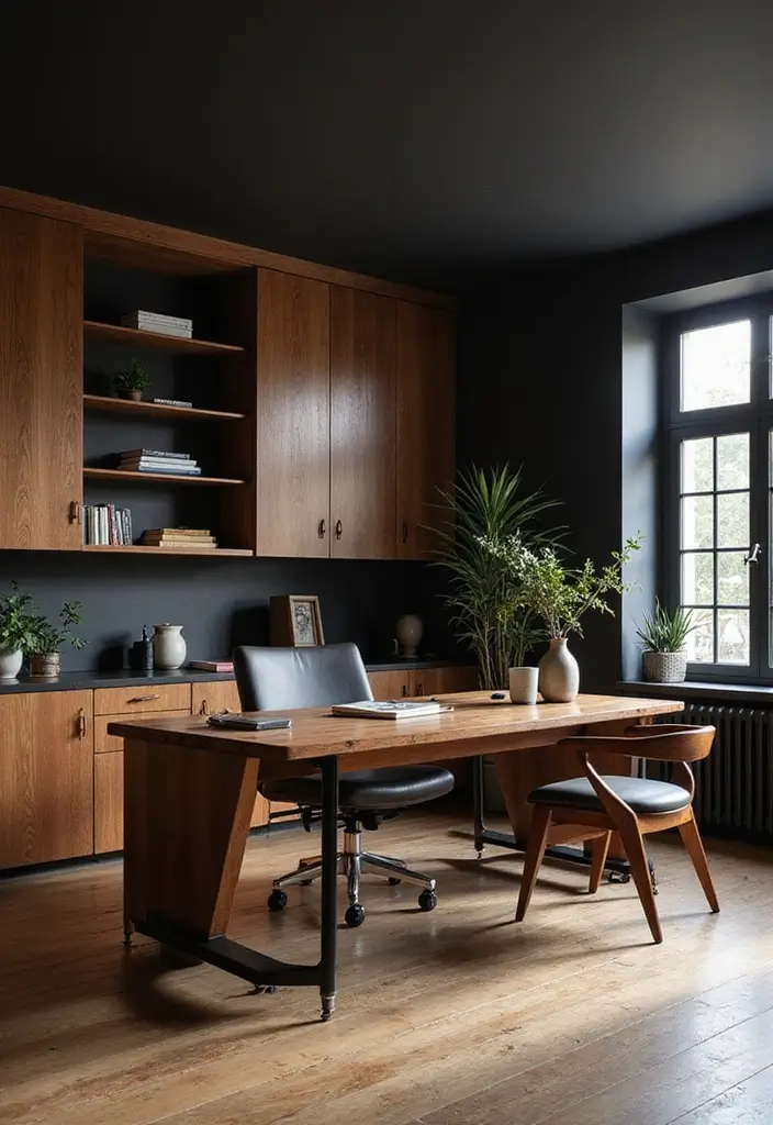 30 Black and Wood Office Ideas That Look Sleek and Masculine - 25. Warm Wood Accents