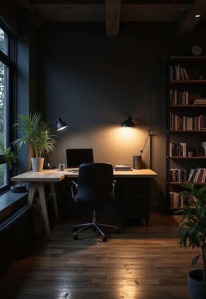 30 Black and Wood Office Ideas That Look Sleek and Masculine - 29. Layered Lighting