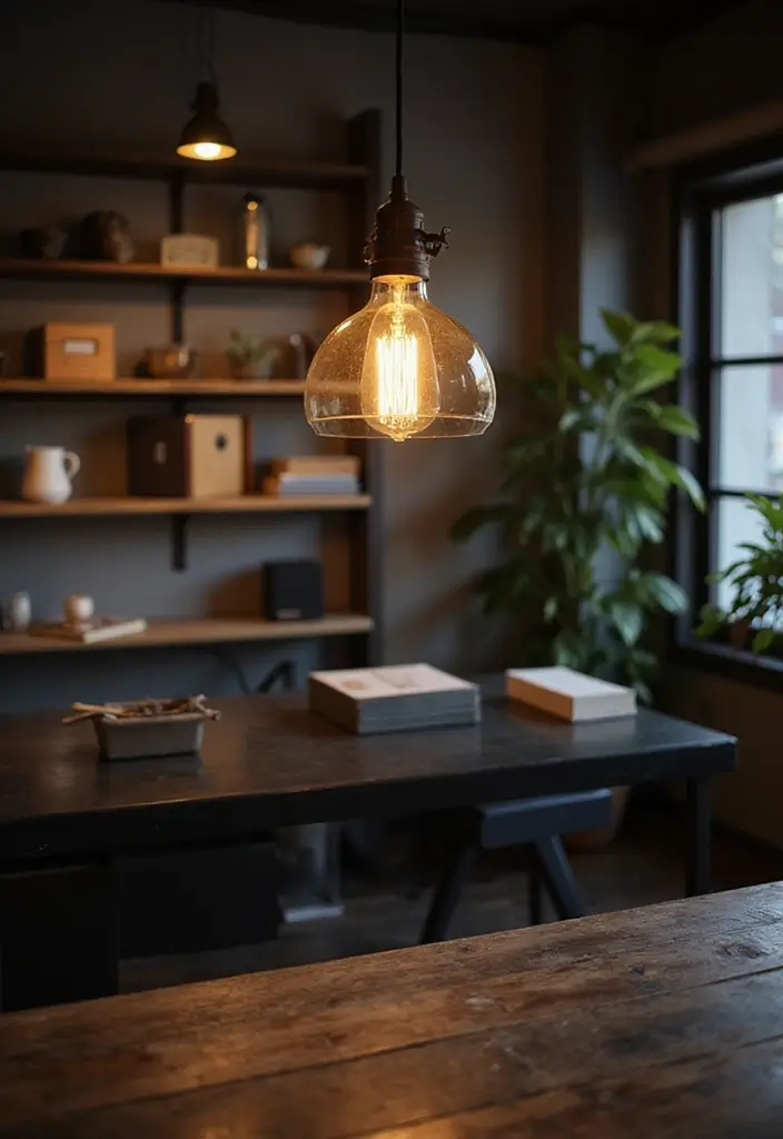 30 Black and Wood Office Ideas That Look Sleek and Masculine - 3. Industrial Lighting Fixtures
